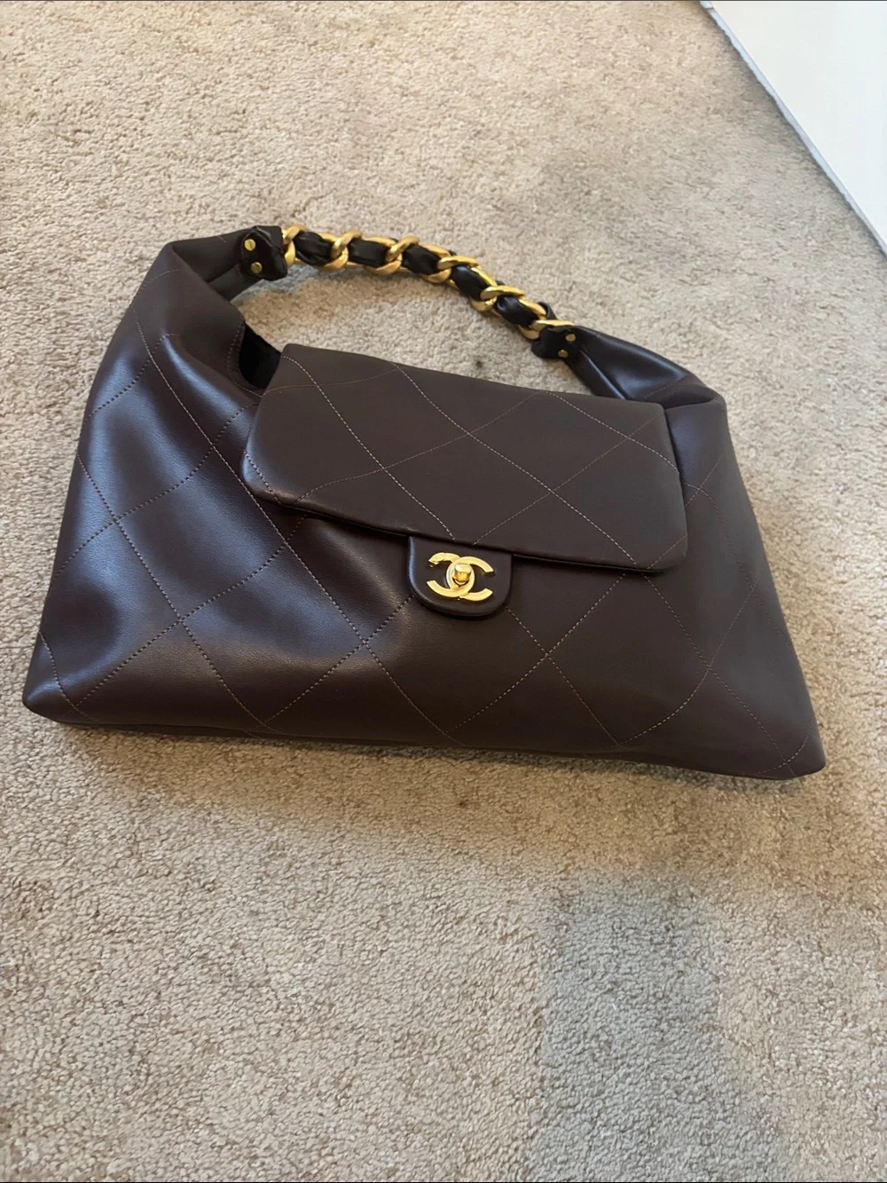 UNBRANDED Dark Brown Quilted Leather Shoulder Bag with Gold Chain